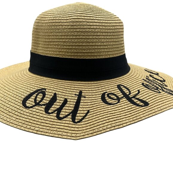 "Out Of Office" Wide Brim Floppy Sun Hat Beige & Black - Picture 2 of 6